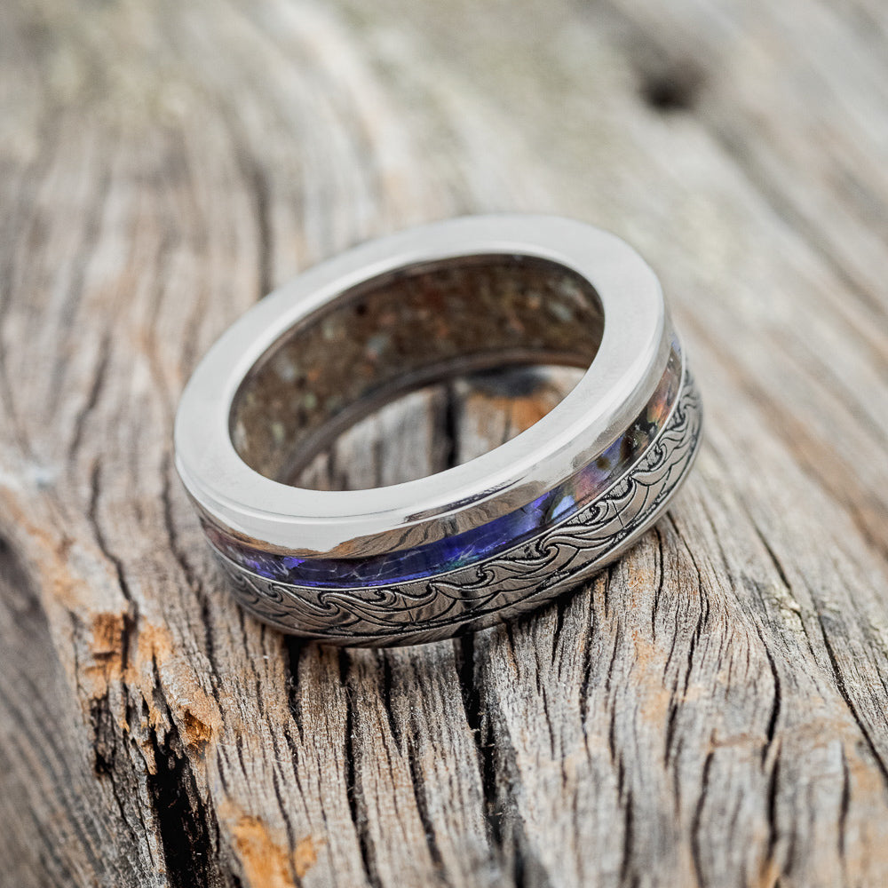 "TRITON" - WAVE ENGRAVED WEDDING BAND WITH PAUA SHELL & SAND LINING-5