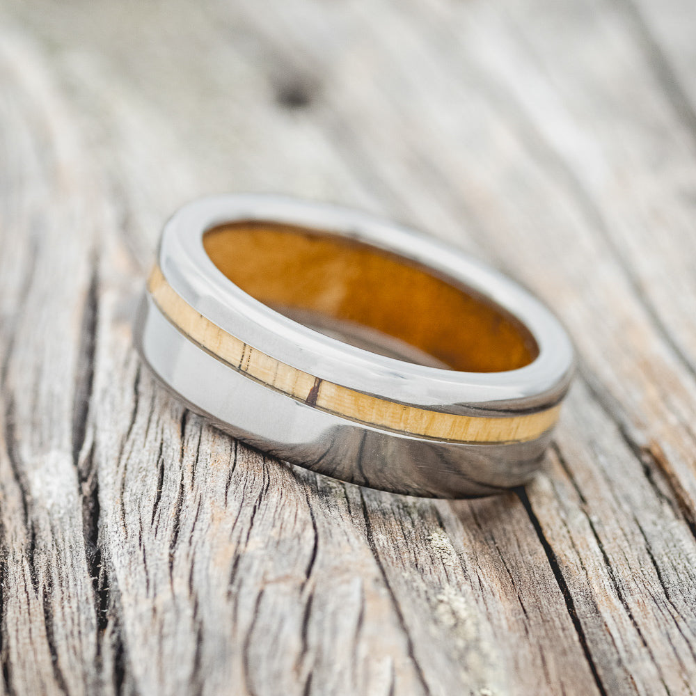 "VERTIGO" - SPALTED MAPLE INLAY & LINING WEDDING BAND-3