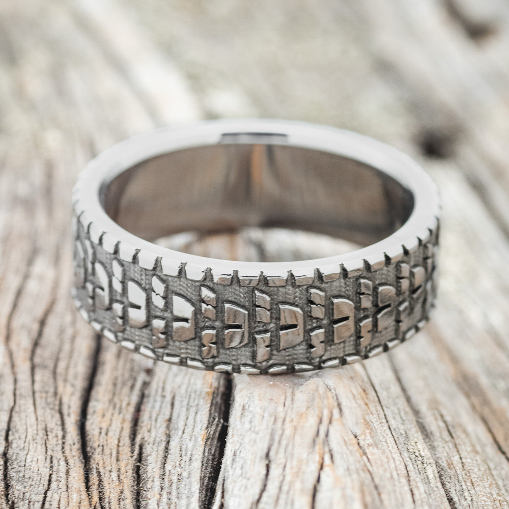 "PARCEL"- CUSTOM EMBOSSED DIRT BIKE TIRE TREAD WEDDING BAND-4