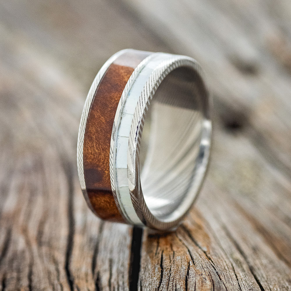 "RAPTOR" - MOTHER OF PEARL & REDWOOD WEDDING BAND-4
