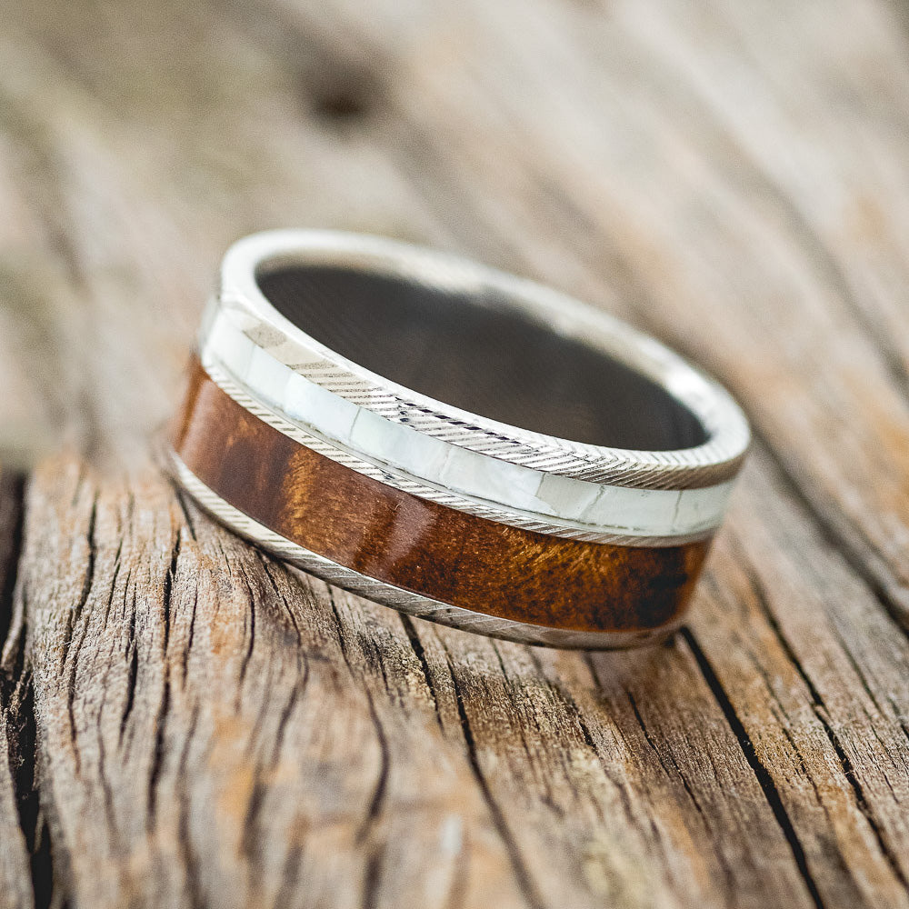 "RAPTOR" - MOTHER OF PEARL & REDWOOD WEDDING BAND - READY TO SHIP-5
