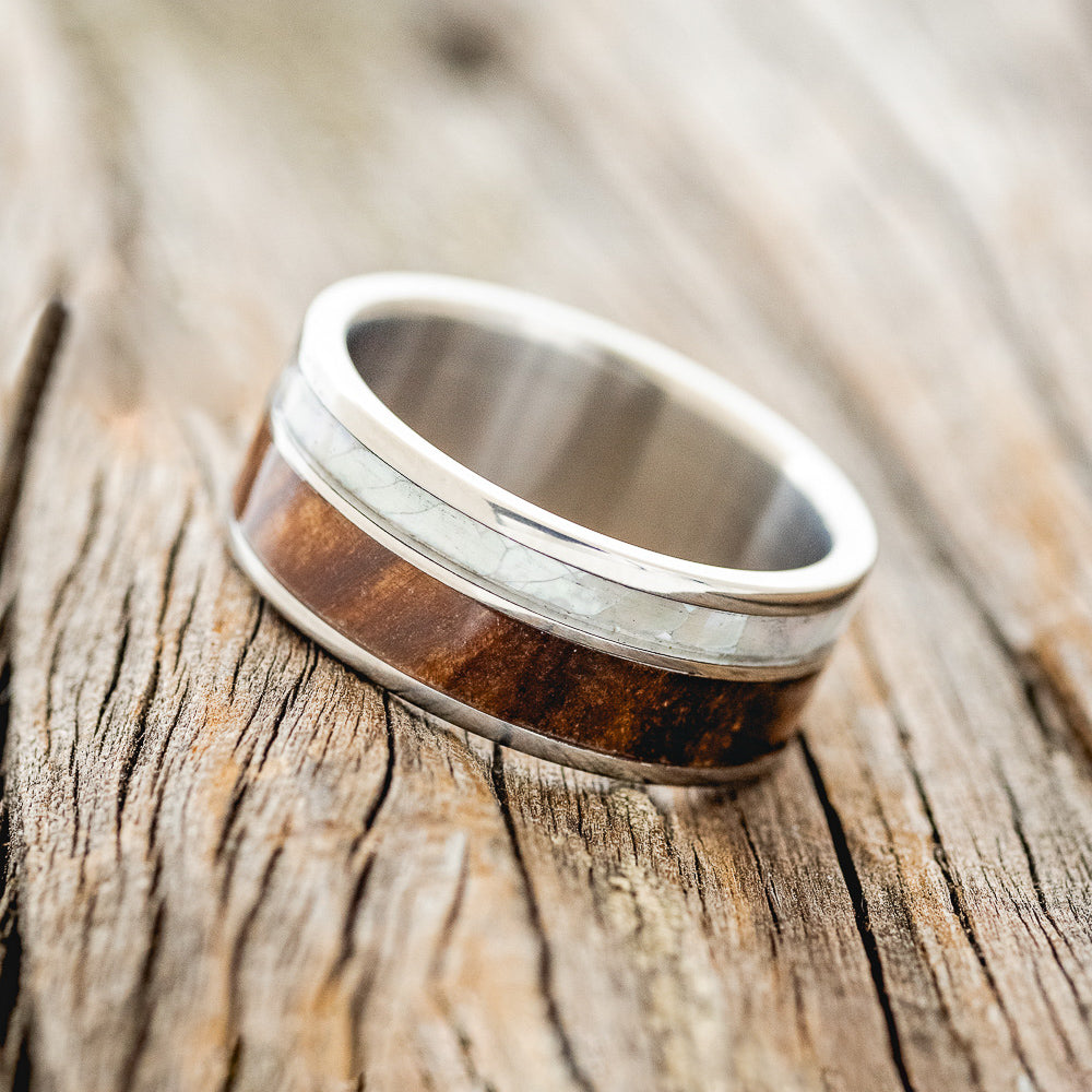 "RAPTOR" - MOTHER OF PEARL & REDWOOD WEDDING BAND - READY TO SHIP-2
