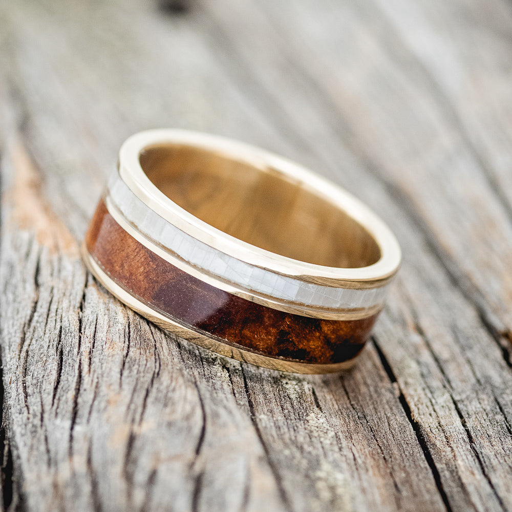 "RAPTOR" - MOTHER OF PEARL & REDWOOD WEDDING BAND-8