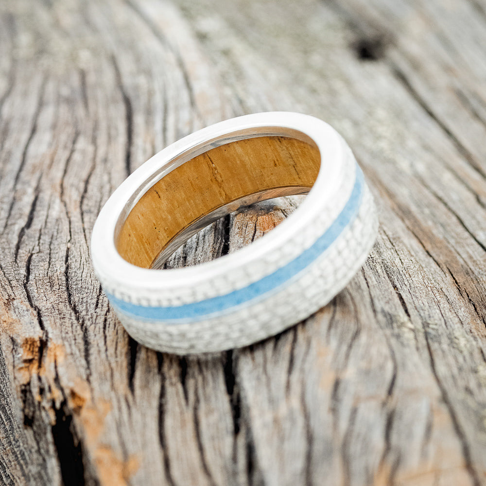 "VERTIGO" - TURQUOISE INLAY WEDDING RING FEATURING A WHISKEY BARREL LINING & HAMMERED BAND-6