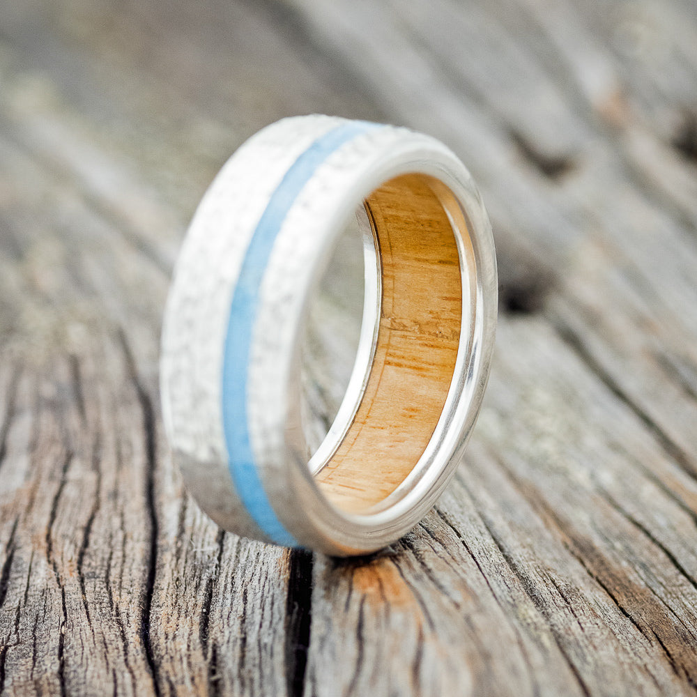 "VERTIGO" - TURQUOISE INLAY WEDDING RING FEATURING A WHISKEY BARREL LINING & HAMMERED BAND-2