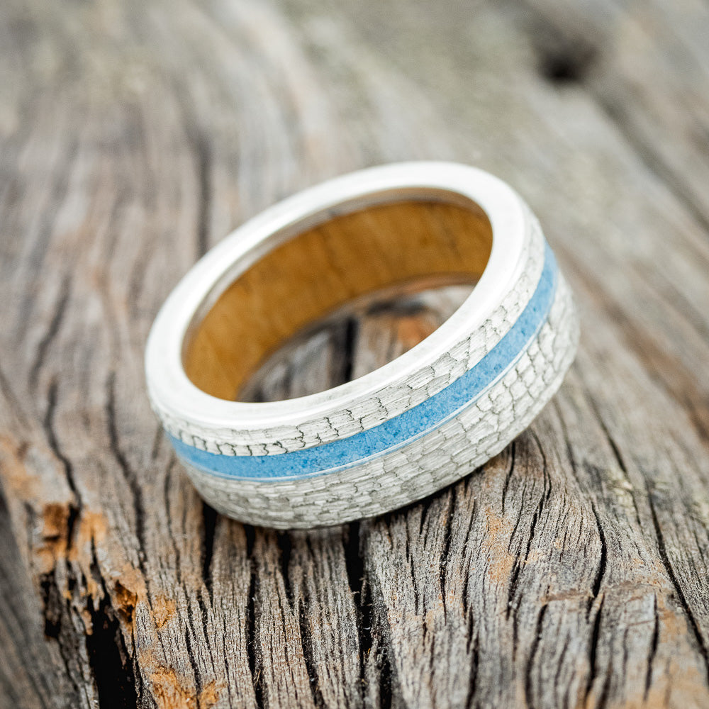 "VERTIGO" - TURQUOISE INLAY WEDDING RING FEATURING A WHISKEY BARREL LINING & HAMMERED BAND-5