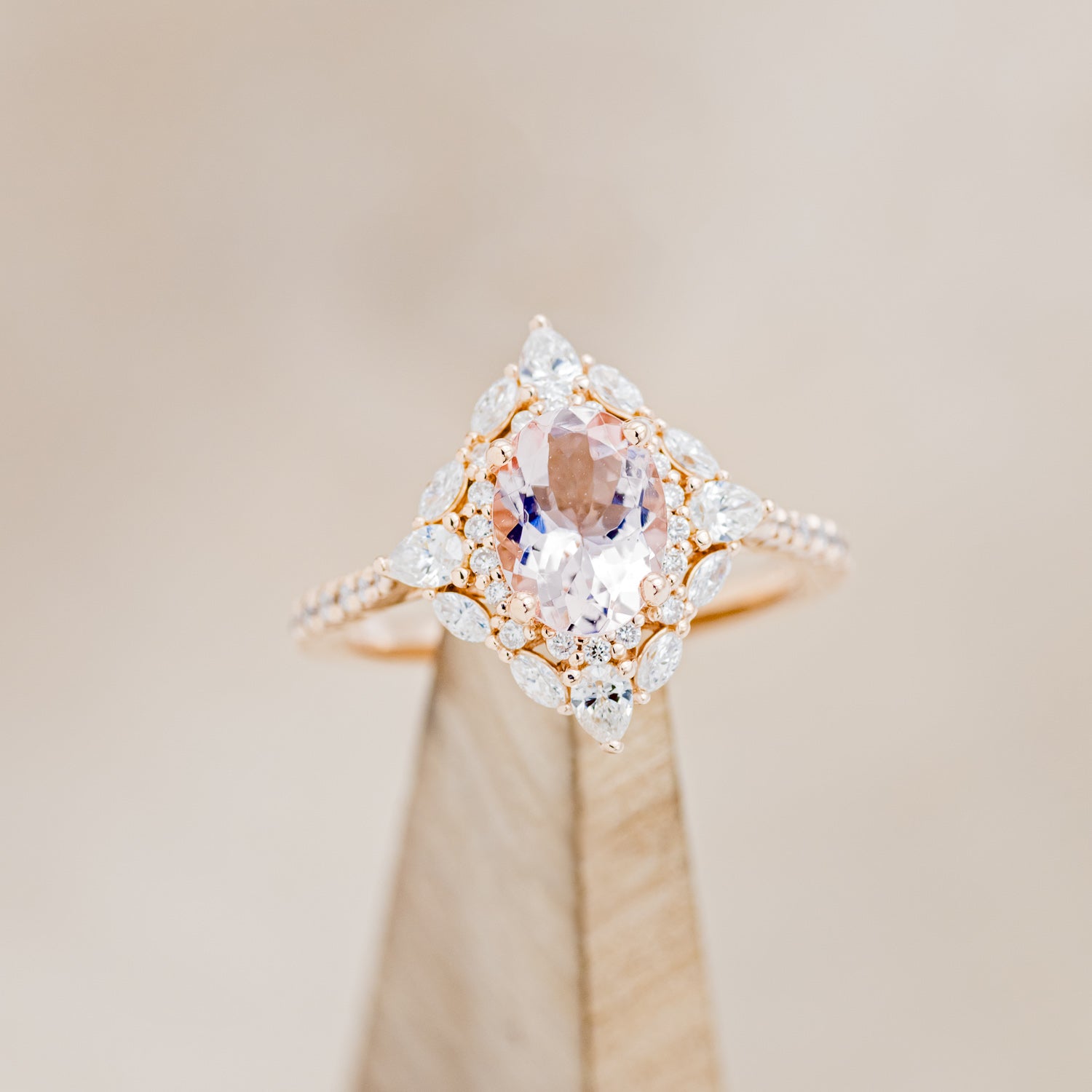 "NORTH STAR" - OVAL MORGANITE ENGAGEMENT RING WITH DIAMOND HALO & ACCENTS-7