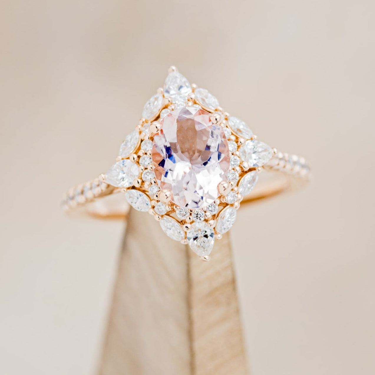 "NORTH STAR" - OVAL MORGANITE ENGAGEMENT RING WITH DIAMOND HALO & ACCENTS-7