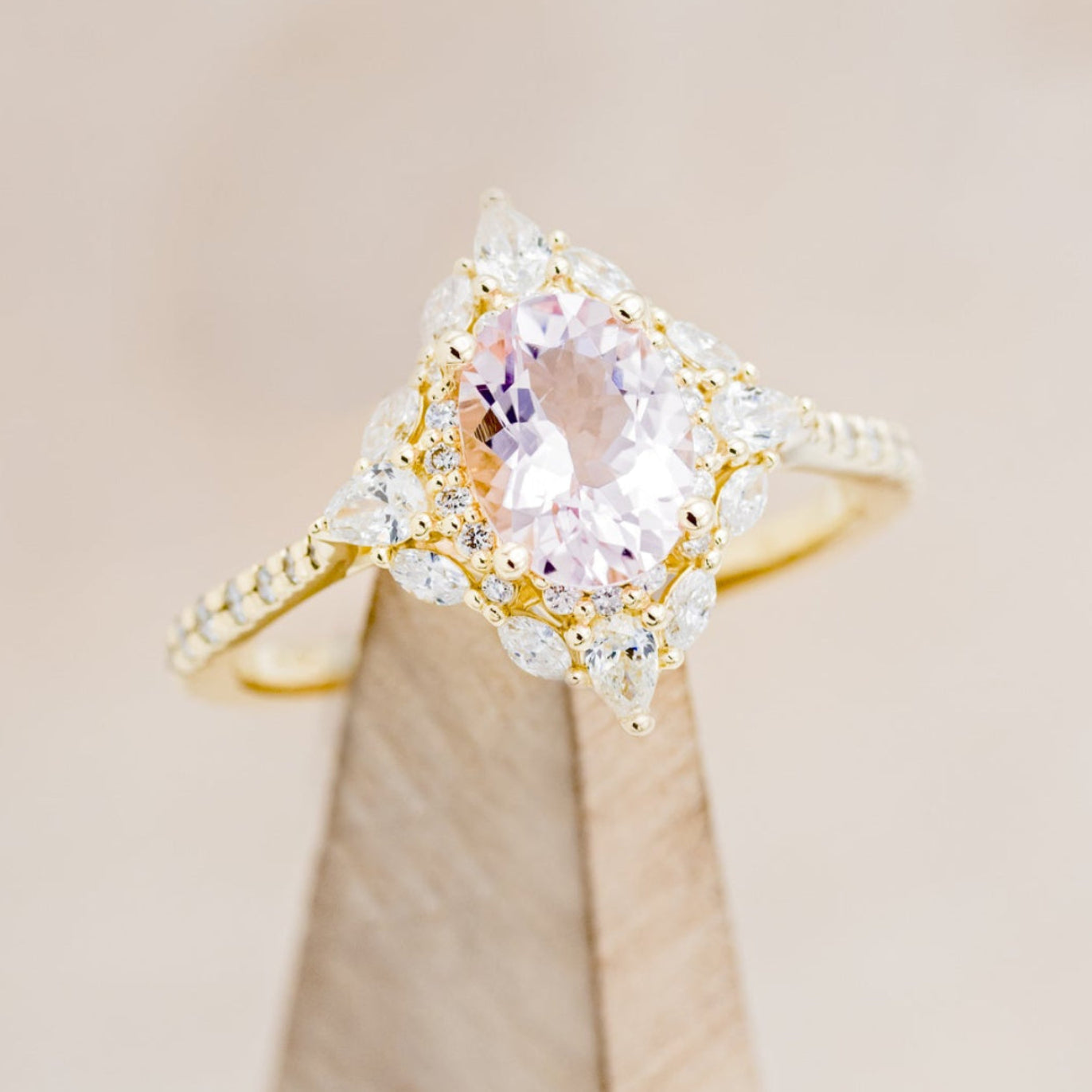 "NORTH STAR" - OVAL MORGANITE ENGAGEMENT RING WITH DIAMOND HALO & ACCENTS-13