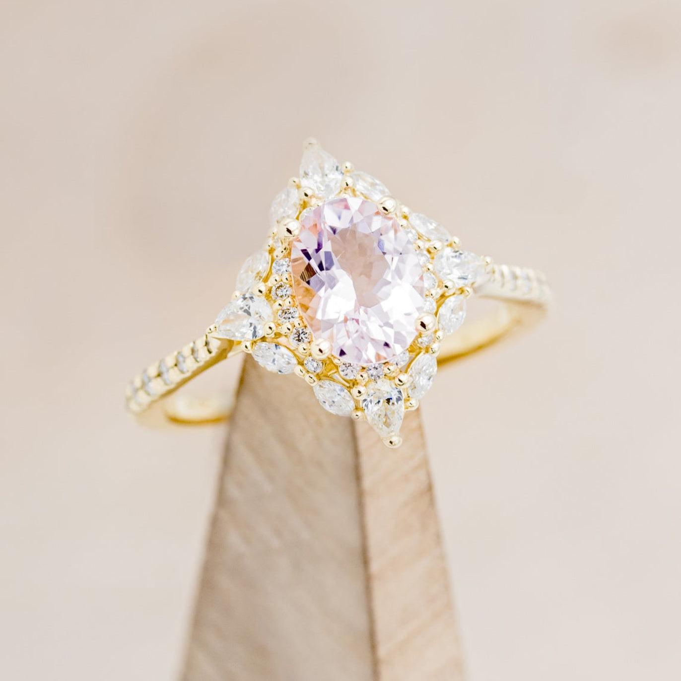 "NORTH STAR" - OVAL MORGANITE ENGAGEMENT RING WITH DIAMOND HALO & ACCENTS-13
