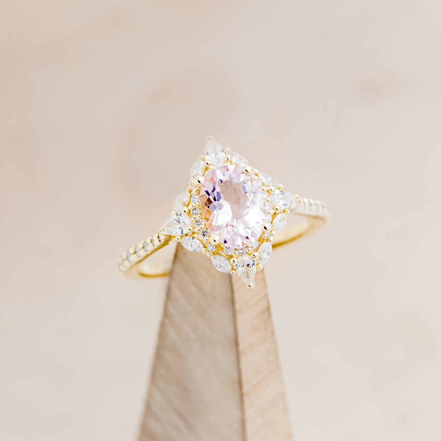 "NORTH STAR" - OVAL MORGANITE ENGAGEMENT RING WITH DIAMOND HALO & ACCENTS-13