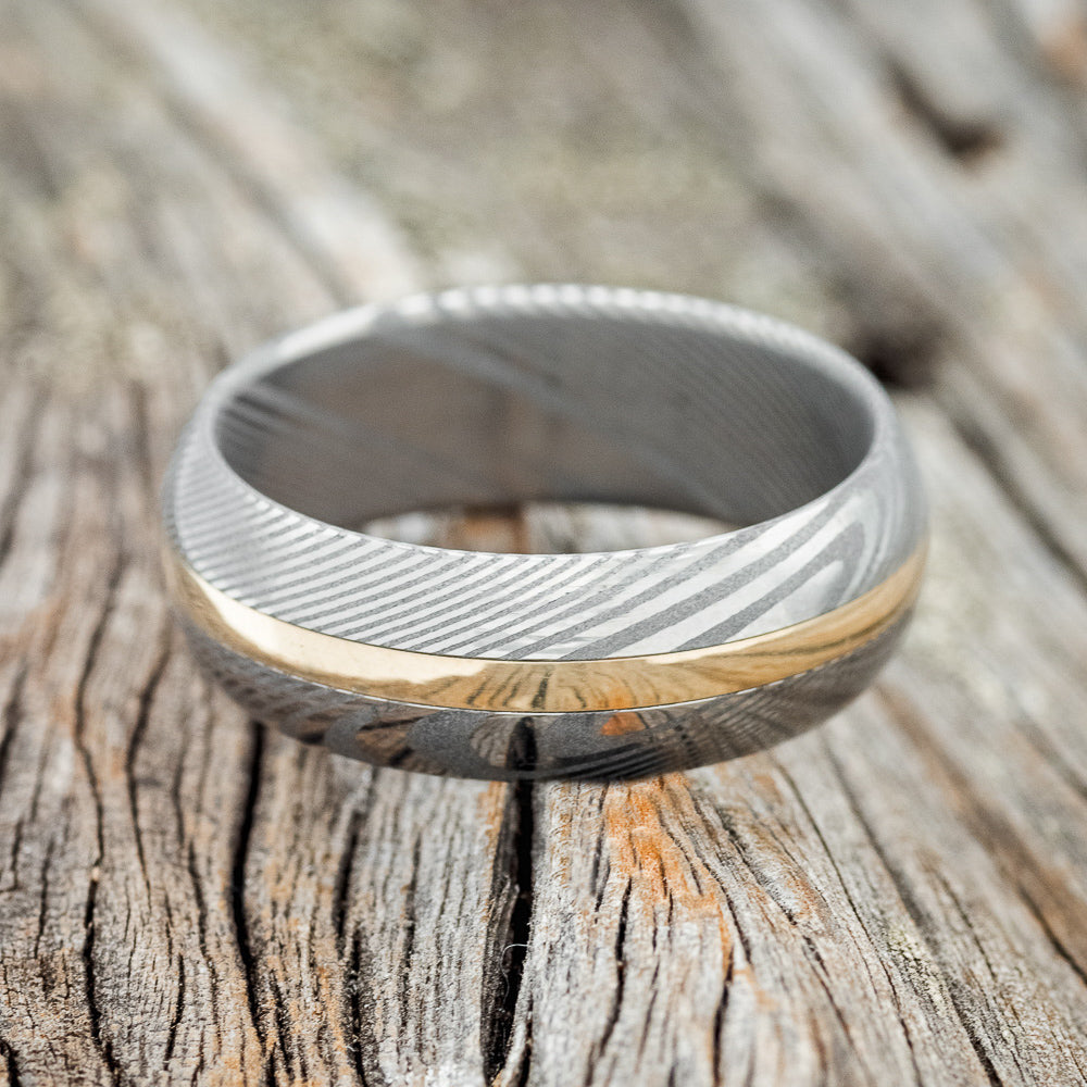 "NIRVANA" - DOMED DAMASCUS STEEL WEDDING RING WITH A 14K GOLD INLAY-4