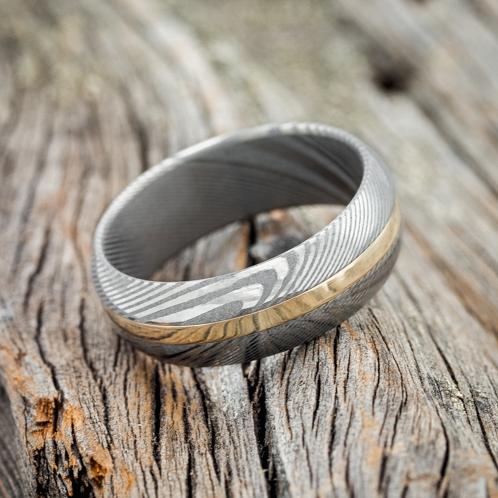 "NIRVANA" - DOMED DAMASCUS STEEL WEDDING RING WITH A 14K GOLD INLAY-3