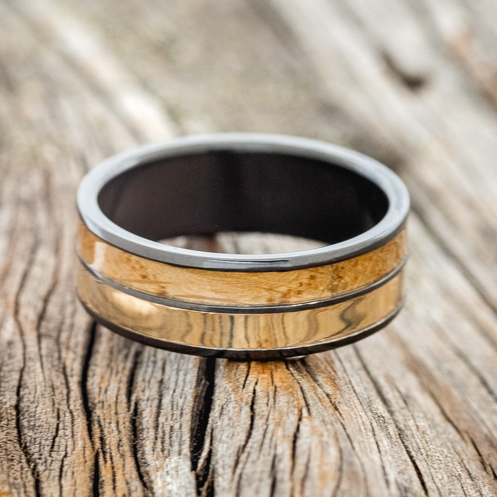 "DYAD" - WHISKEY BARREL OAK & 14K YELLOW GOLD INLAY WEDDING BAND-10