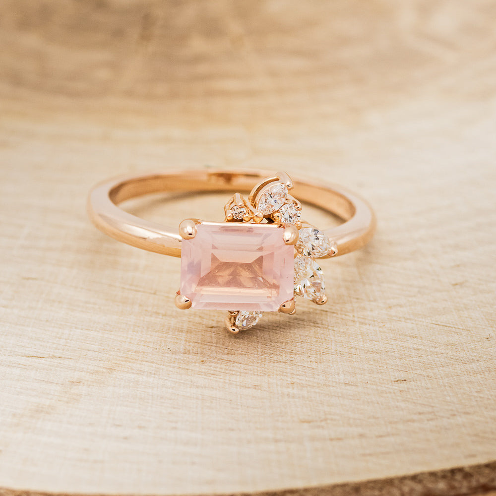 "AURAE" - EMERALD CUT ROSE QUARTZ ENGAGEMENT RING WITH DIAMOND ACCENTS-6