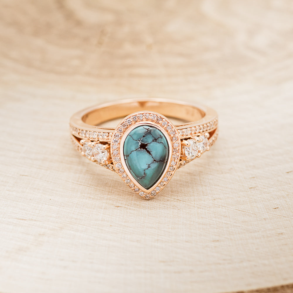 "SOFIA" - PEAR-SHAPED TURQUOISE ENGAGEMENT RING WITH DIAMOND HALO & ACCENTS-4