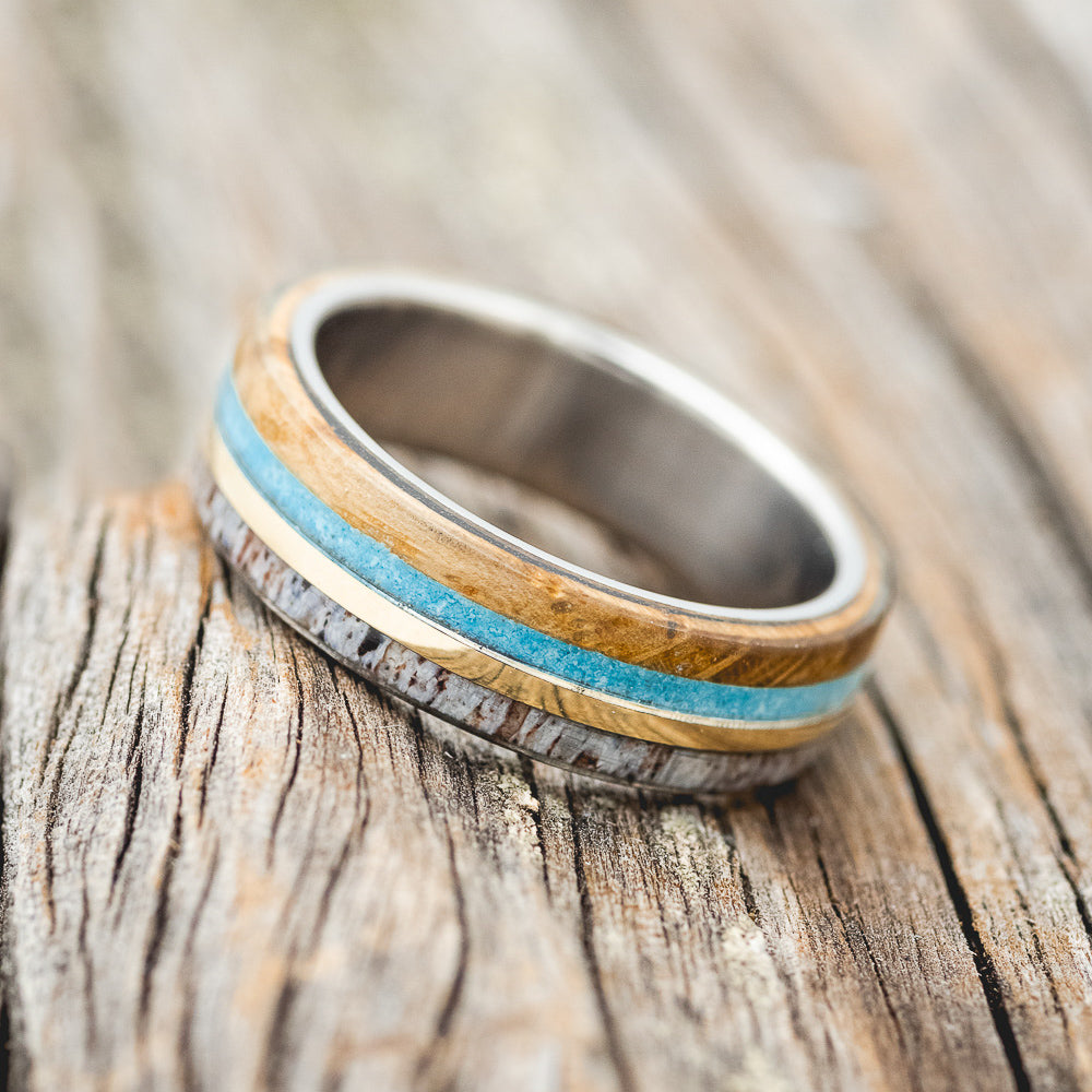"ARGOS" - MATCHING SET OF ANTLER, WHISKEY BARREL, TURQUOISE & 14K GOLD INLAY WEDDING BANDS-5