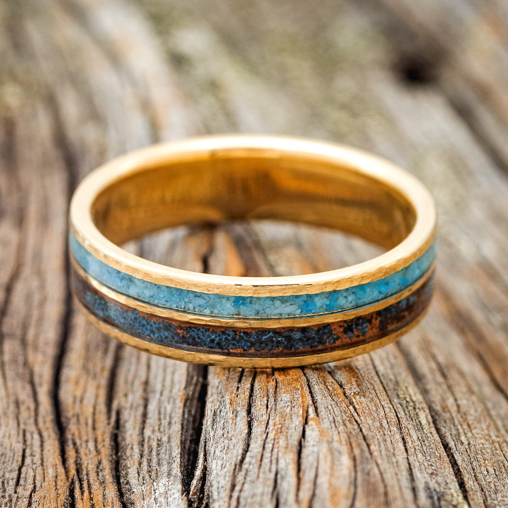 "DYAD" - TURQUOISE & PATINA COPPER WEDDING RING FEATURING A HAMMERED 14K GOLD BAND-3