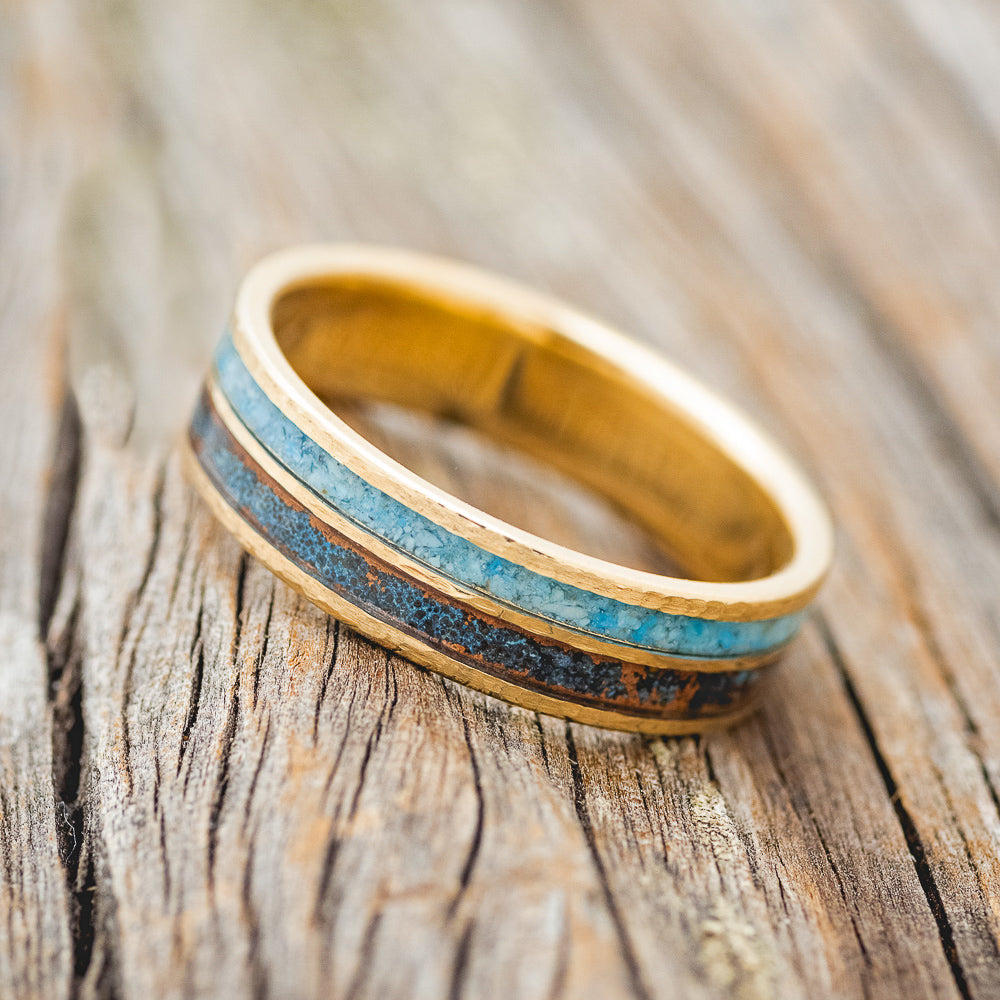 "DYAD" - TURQUOISE & PATINA COPPER WEDDING RING FEATURING A HAMMERED 14K GOLD BAND-2
