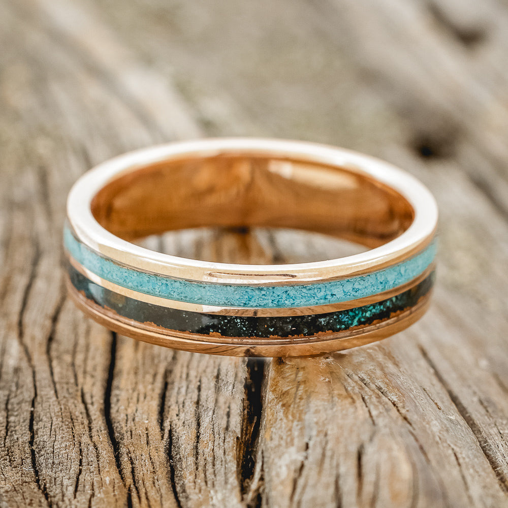"DYAD" - TURQUOISE & PATINA COPPER WEDDING RING FEATURING A 14K GOLD BAND-3