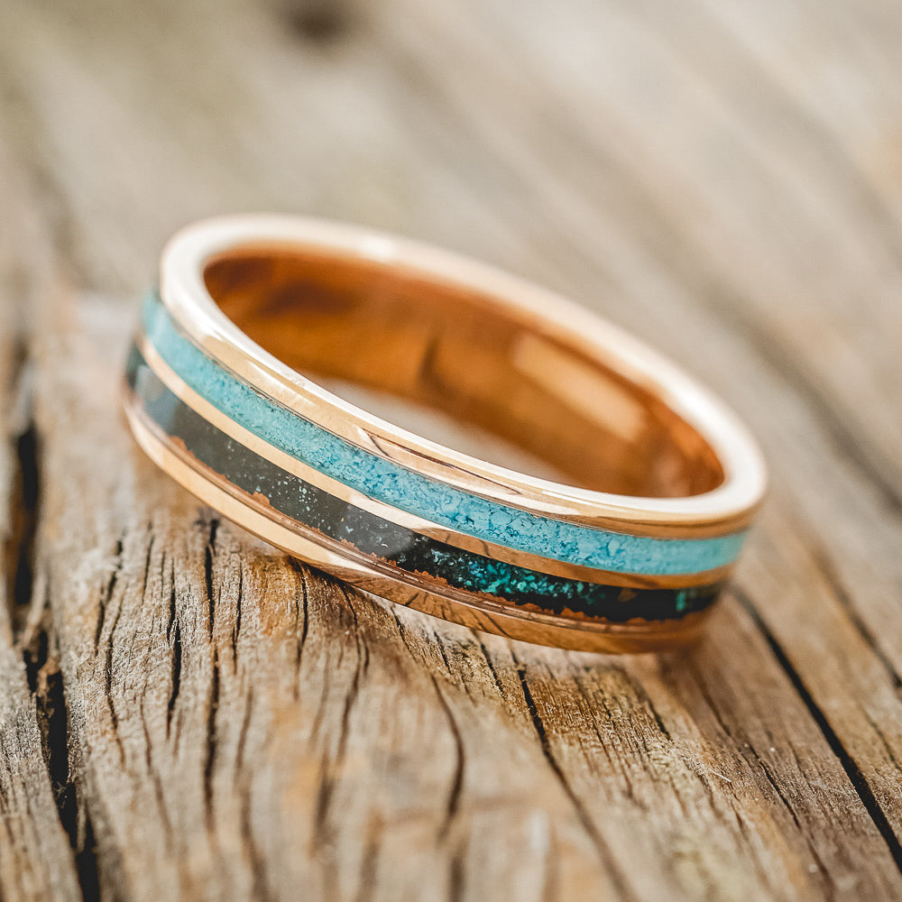 "DYAD" - TURQUOISE & PATINA COPPER WEDDING RING FEATURING A 14K GOLD BAND-2