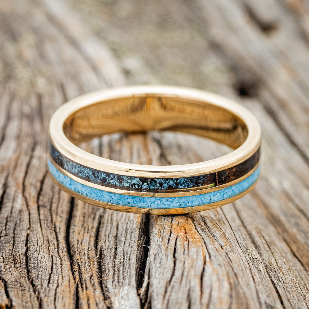 "DYAD" - TURQUOISE & PATINA COPPER WEDDING RING FEATURING A 14K GOLD BAND-6