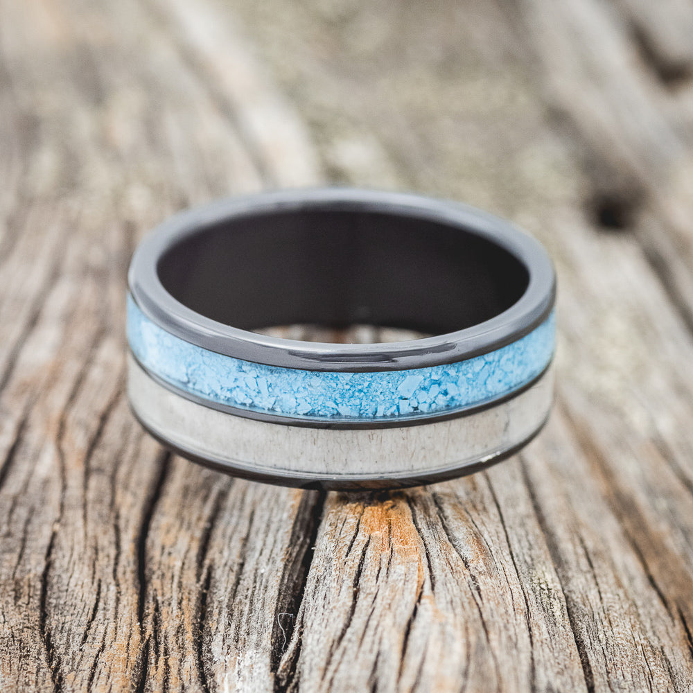 "DYAD" - MATCHING SET OF ANTLER & TURQUOISE WEDDING BANDS-6