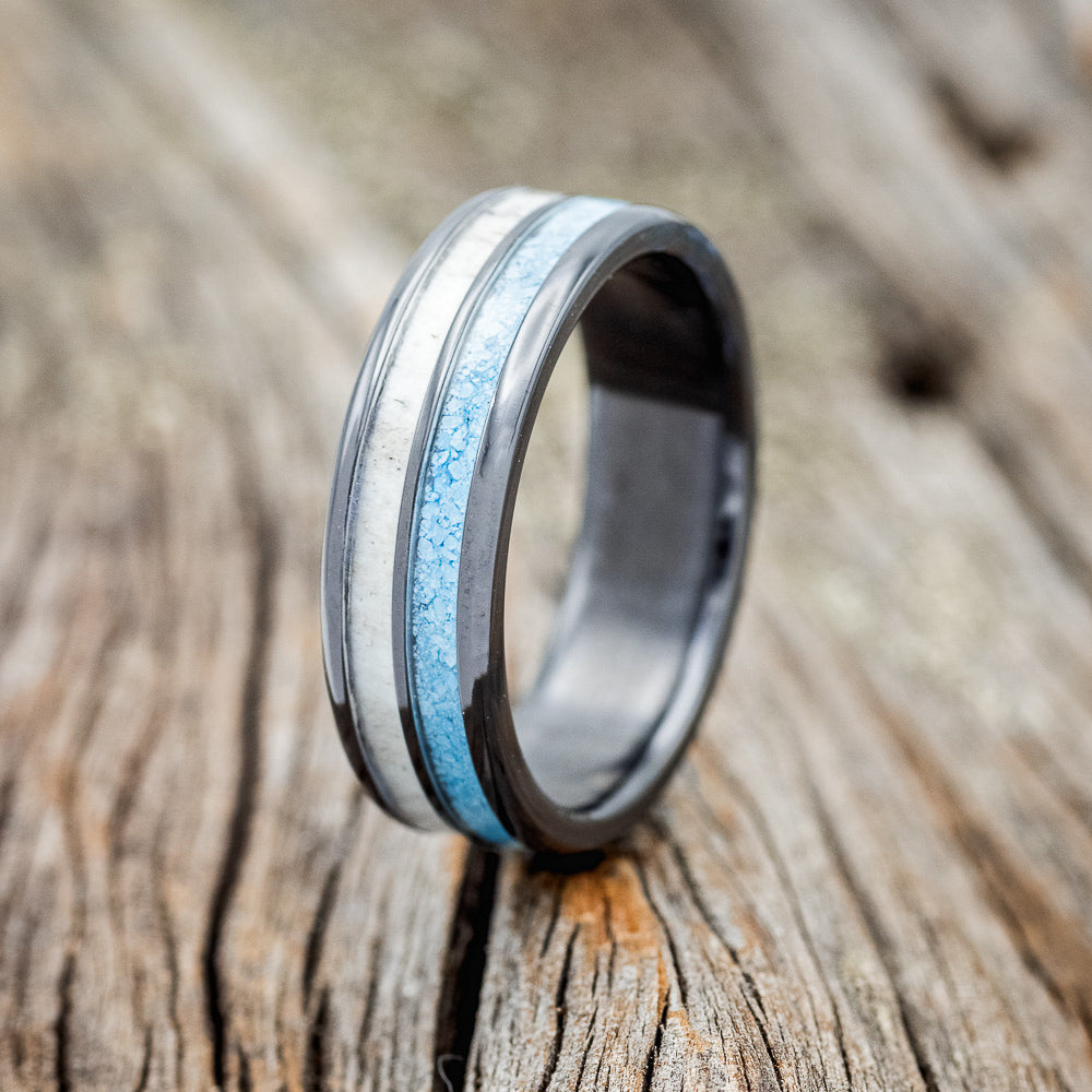 "DYAD" - MATCHING SET OF ANTLER & TURQUOISE WEDDING BANDS-3