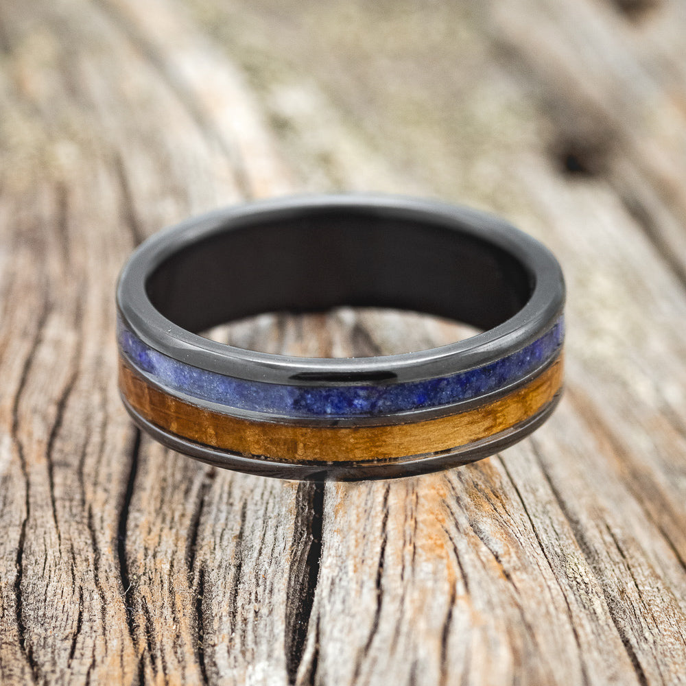 "DYAD" - WHISKEY BARREL & LAPIS LAZULI WEDDING BAND - READY TO SHIP-3