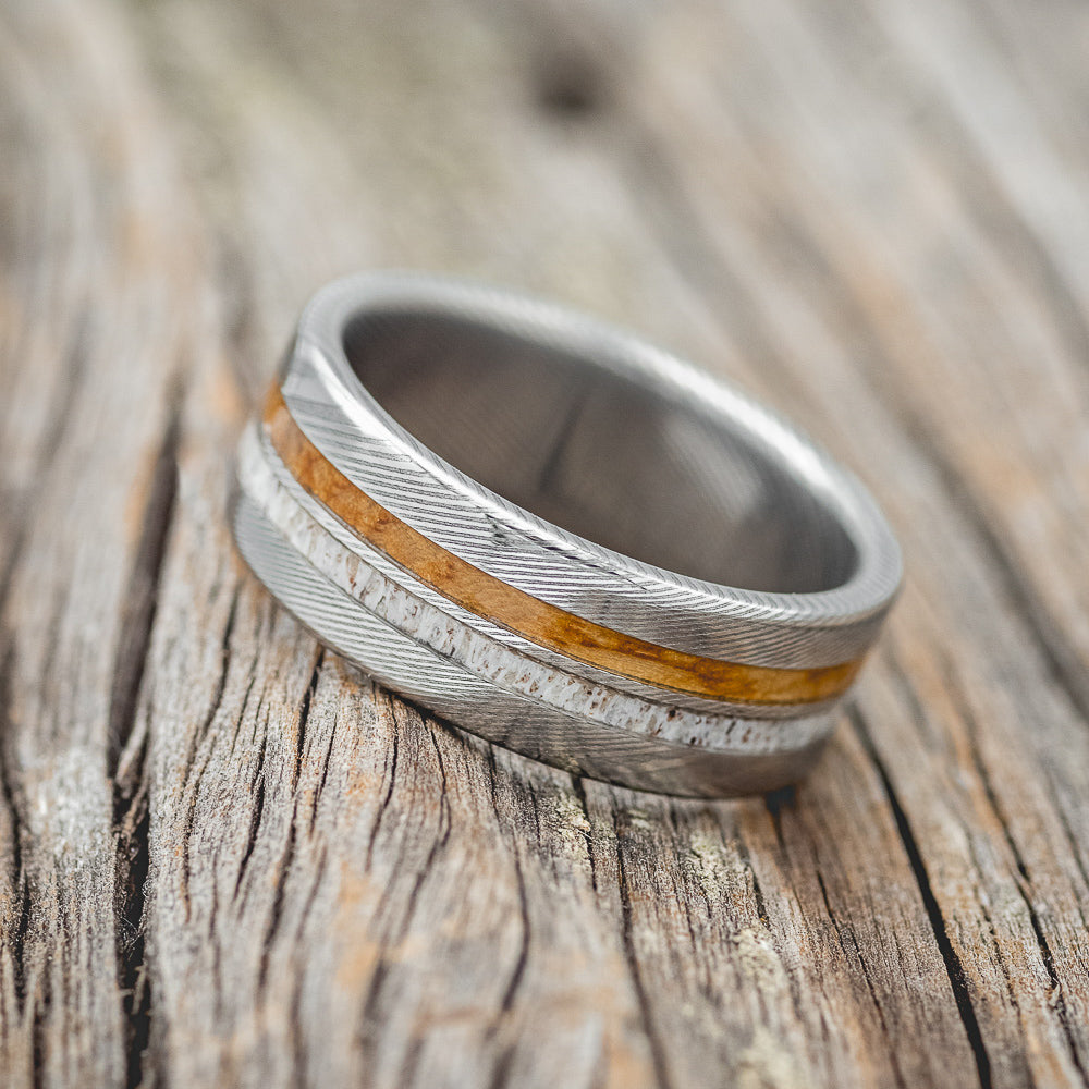 "SILAS" - WHISKEY BARREL OAK & ANTLER WEDDING RING-2