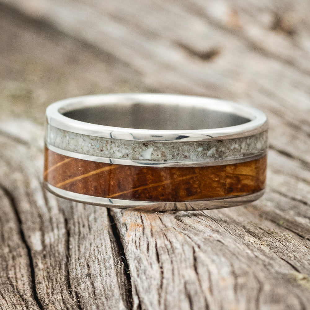"RAPTOR" - WHISKEY BARREL OAK & ELK TOOTH IVORY WEDDING BAND-3