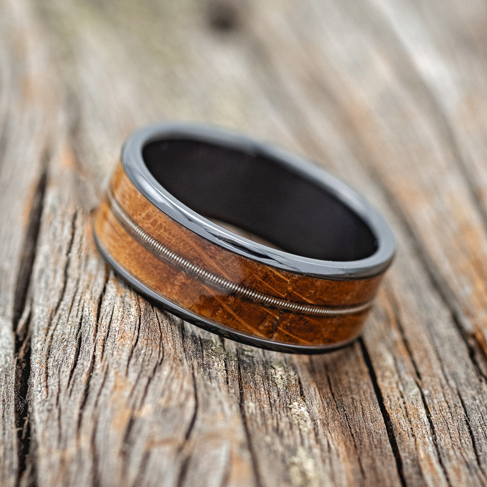 "RAINIER" - GUITAR STRING & WHISKEY BARREL OAK WEDDING RING-2