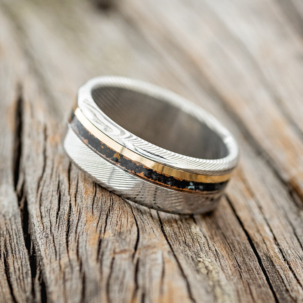 "CASTOR" - DAMASCUS STEEL BAND WITH PATINA COPPER & 14K GOLD INLAY-2