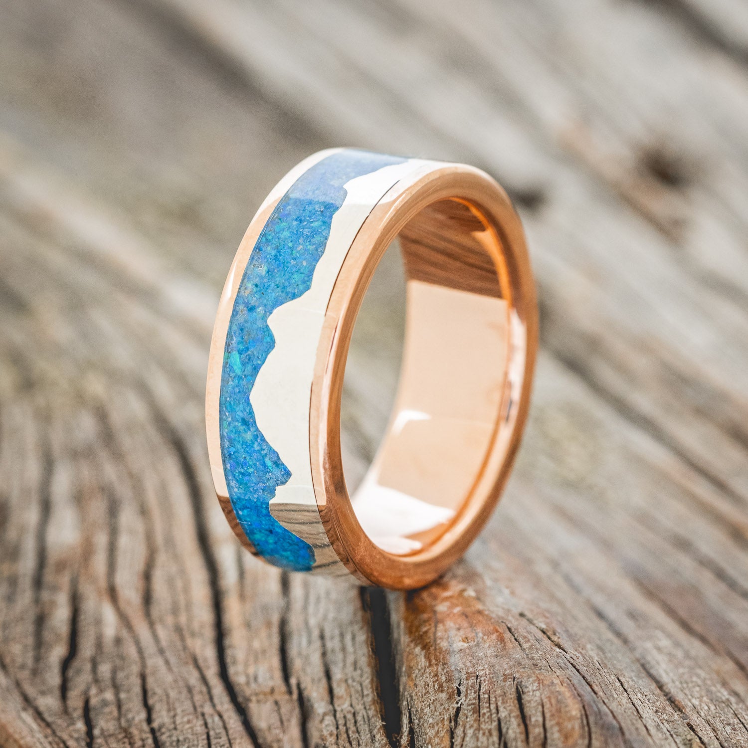 "HELIOS" - BLUE OPAL WITH SILVER MOUNTAIN RANGE WEDDING BAND-13