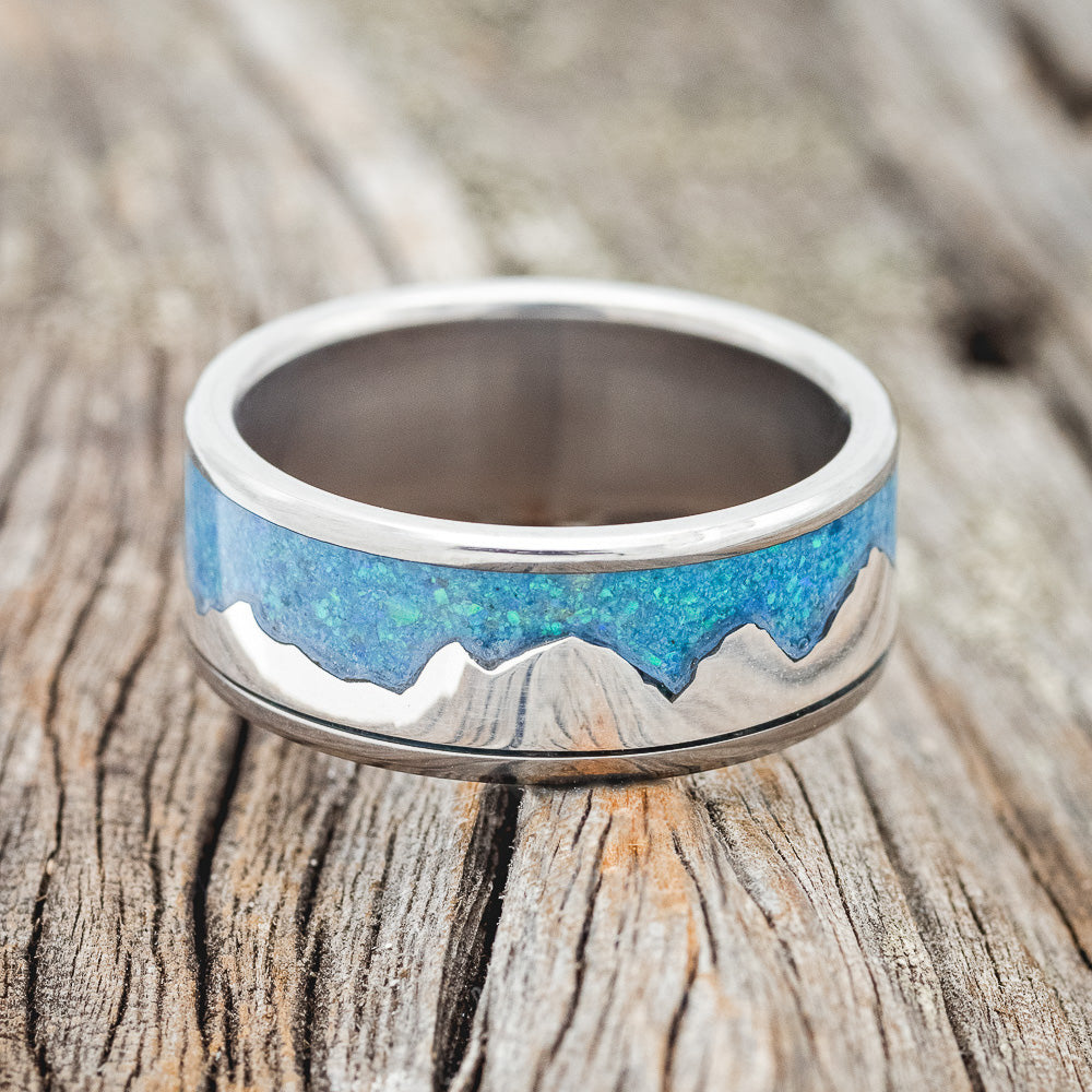 "HELIOS" - BLUE OPAL WITH SILVER MOUNTAIN RANGE WEDDING BAND-3