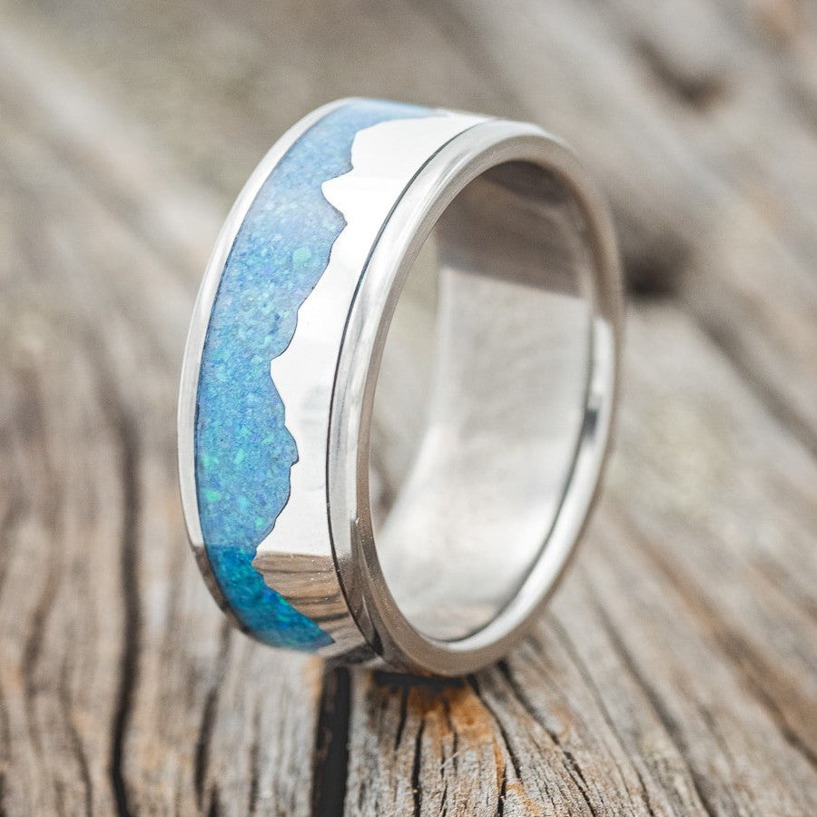 "HELIOS" - BLUE OPAL WITH SILVER MOUNTAIN RANGE WEDDING BAND-2