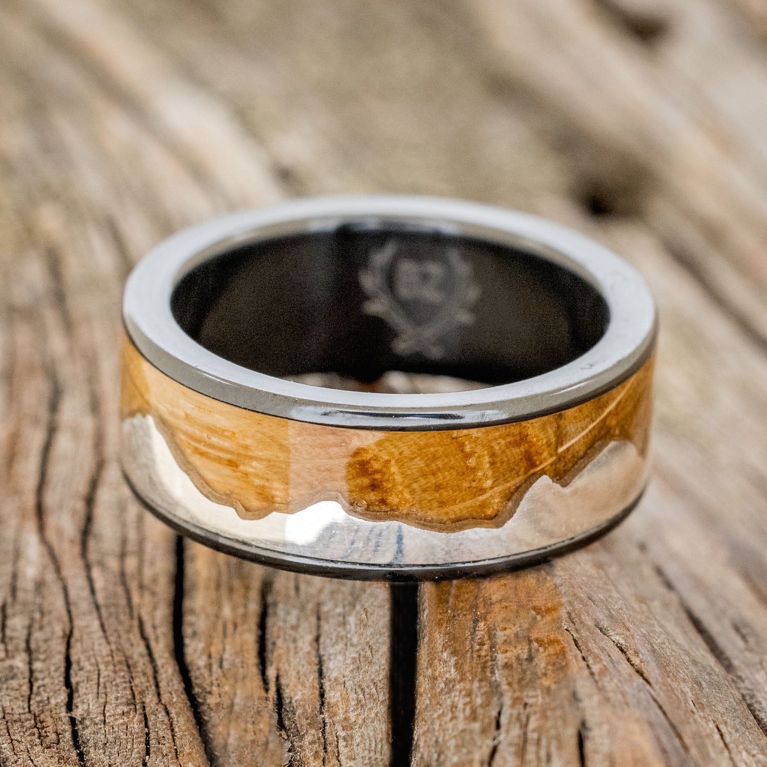 "HELIOS" - WHISKEY BARREL OAK & SILVER MOUNTAIN RANGE WEDDING BAND-9
