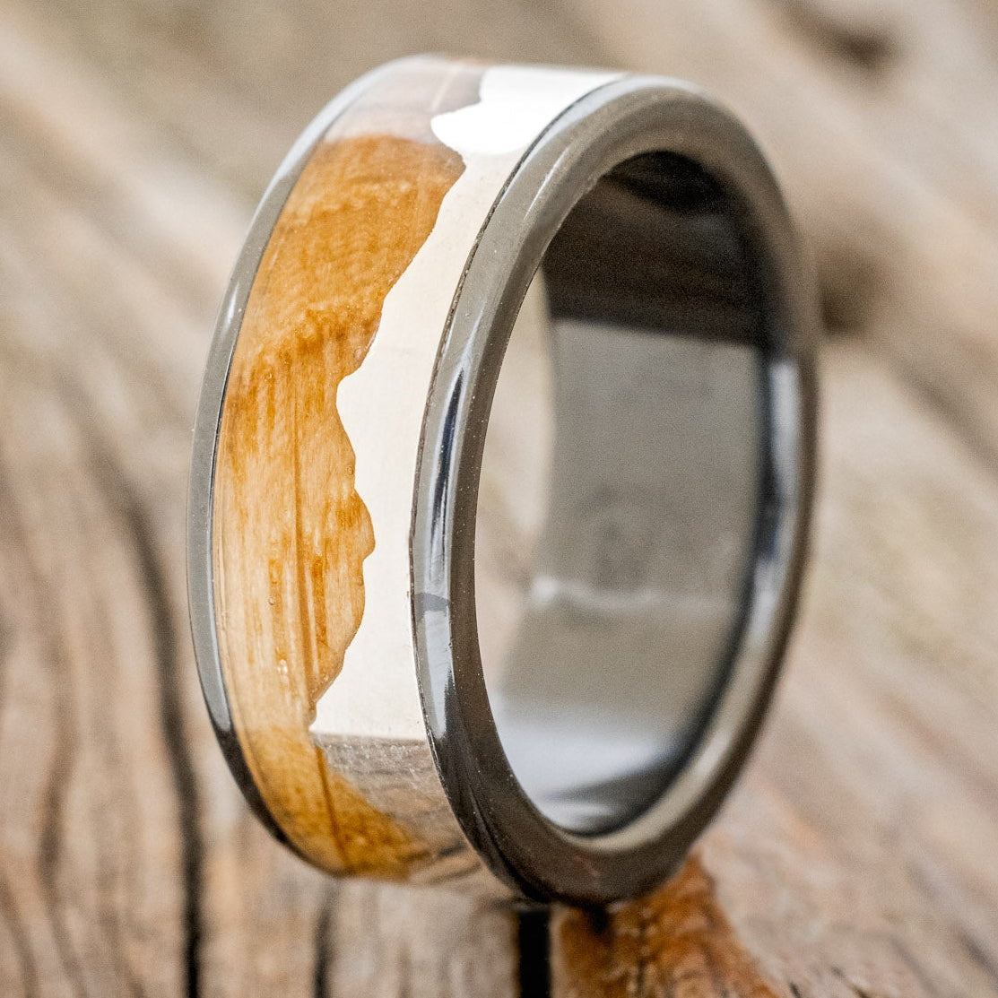 "HELIOS" - WHISKEY BARREL OAK & SILVER MOUNTAIN RANGE WEDDING BAND-7