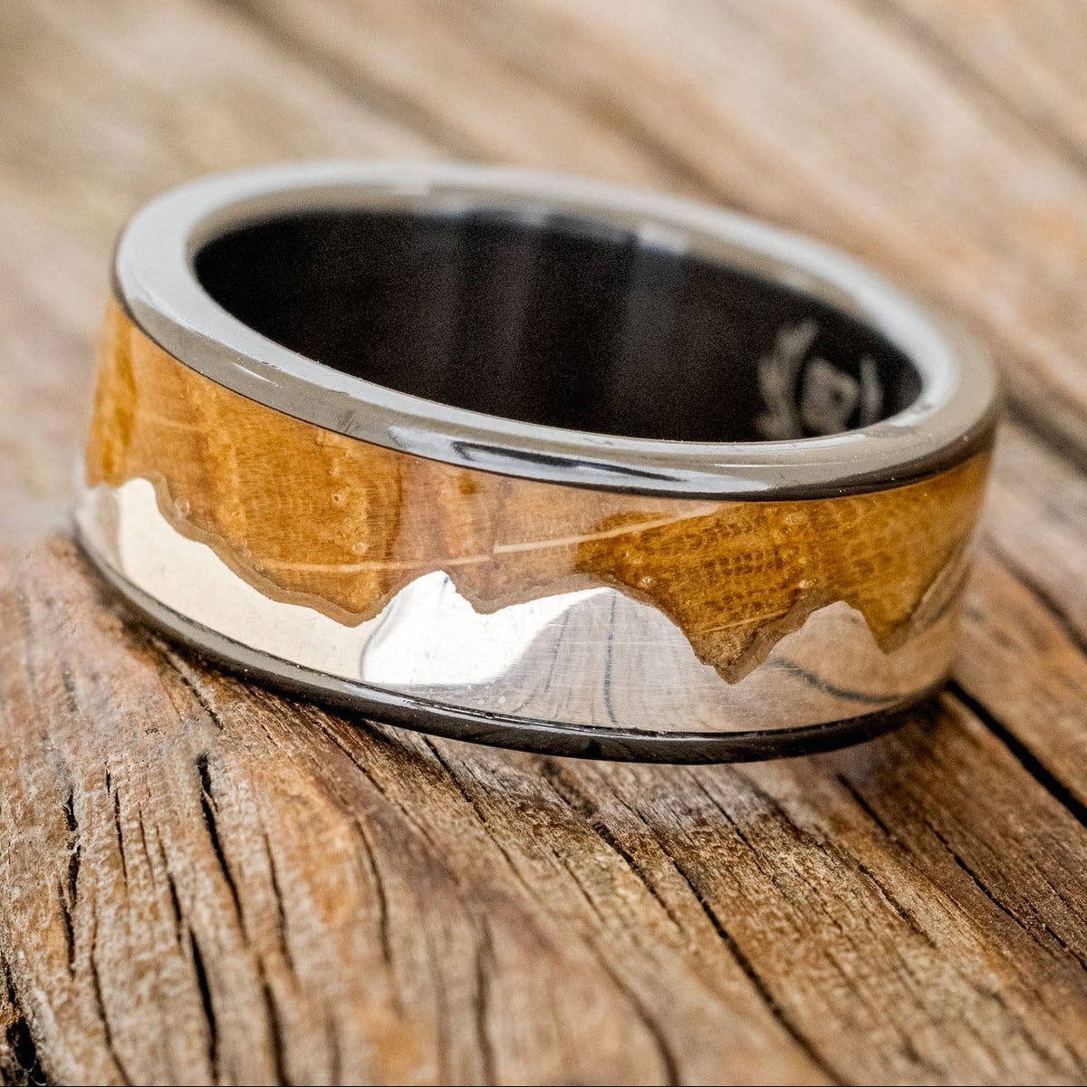 "HELIOS" - WHISKEY BARREL OAK & SILVER MOUNTAIN RANGE WEDDING BAND-8