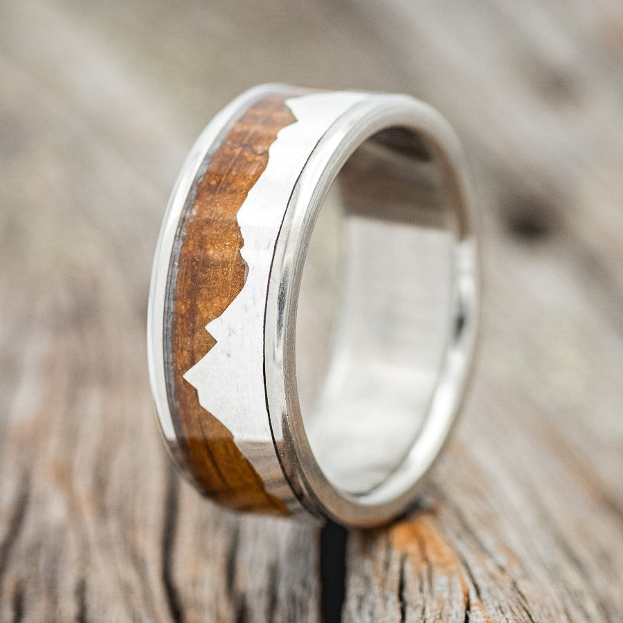 "HELIOS" - WHISKEY BARREL OAK & SILVER MOUNTAIN RANGE WEDDING BAND-2