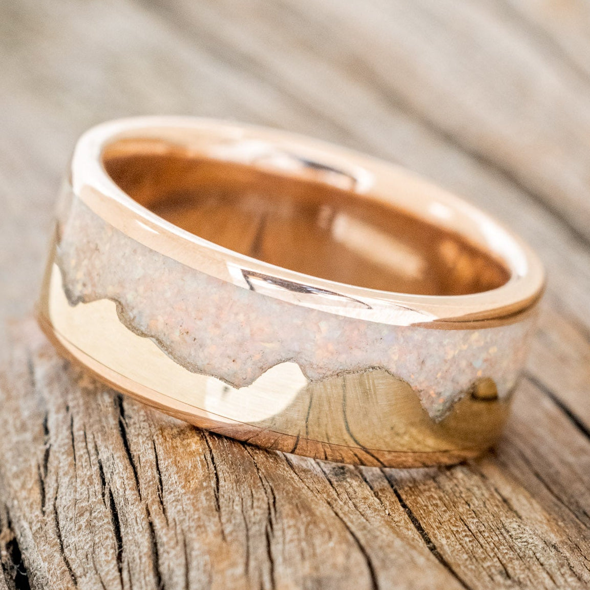"HELIOS" - FIRE AND ICE OPAL & GOLD MOUNTAIN RANGE WEDDING RING FEATURING A 14K GOLD BAND-5