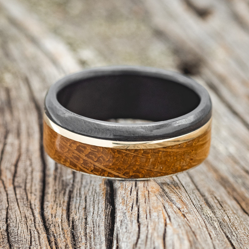 "EZRA" - WHISKEY BARREL OAK & 14K GOLD INLAY WEDDING BAND-3