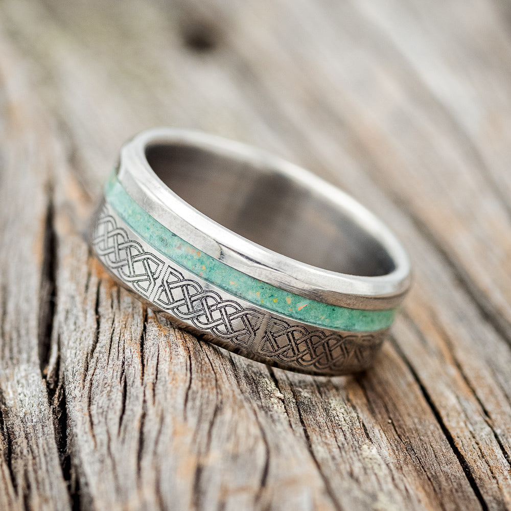 "VERTIGO" - CELTIC SAILOR'S KNOT ENGRAVED WITH MALACHITE & OPAL MIX WEDDING RING-2