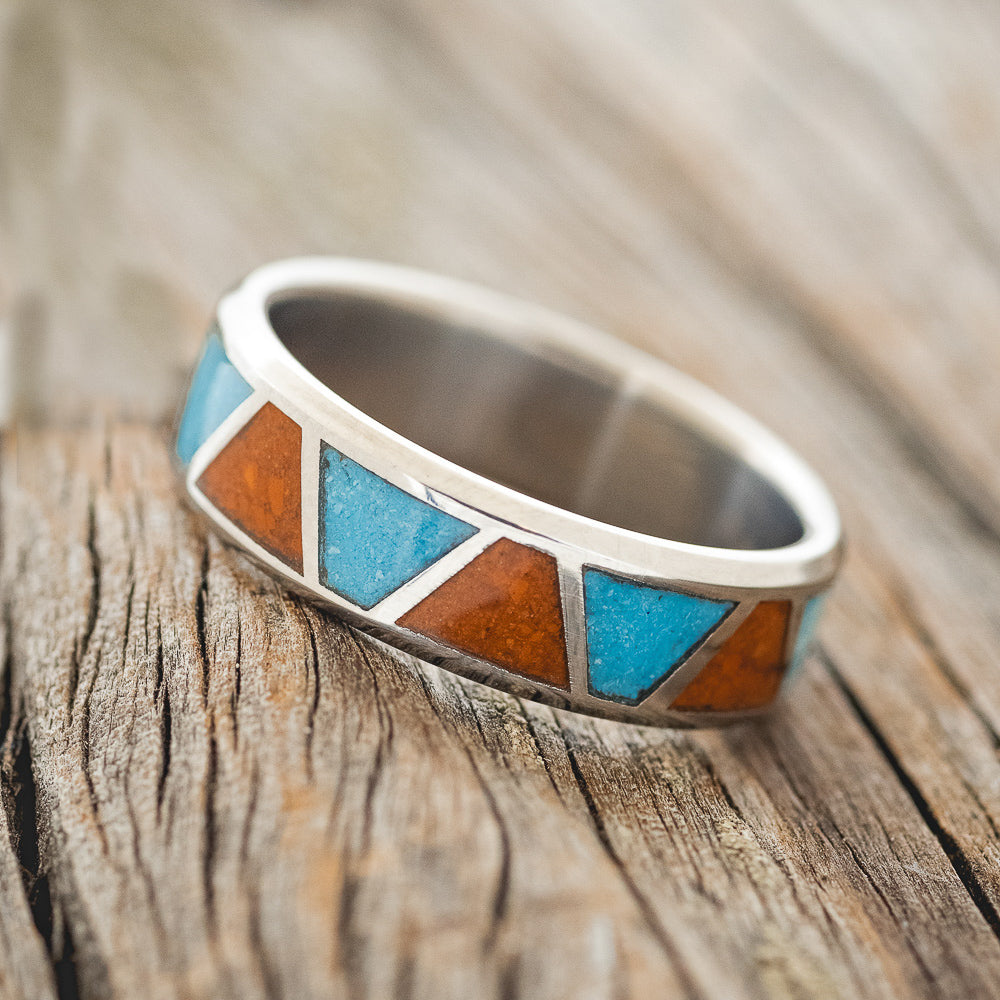"POWELL" - MATCHING SET OF TERRACOTTA & TURQUOISE WEDDING BANDS-6