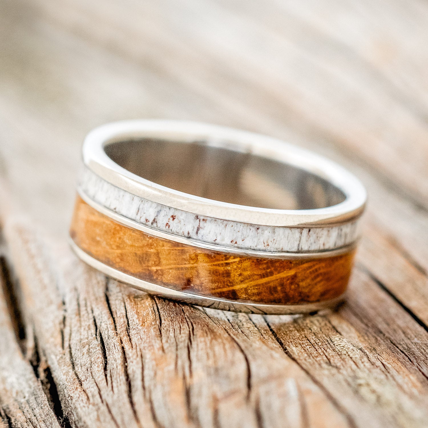 "RAPTOR" - WHISKEY BARREL OAK & ELK ANTLER WEDDING BAND-8