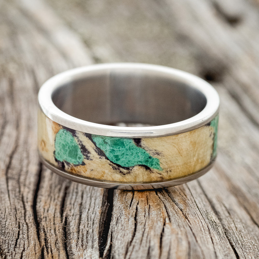 "RAINIER" - BUCKEYE BURL WOOD & MALACHITE WEDDING BAND - READY TO SHIP-3