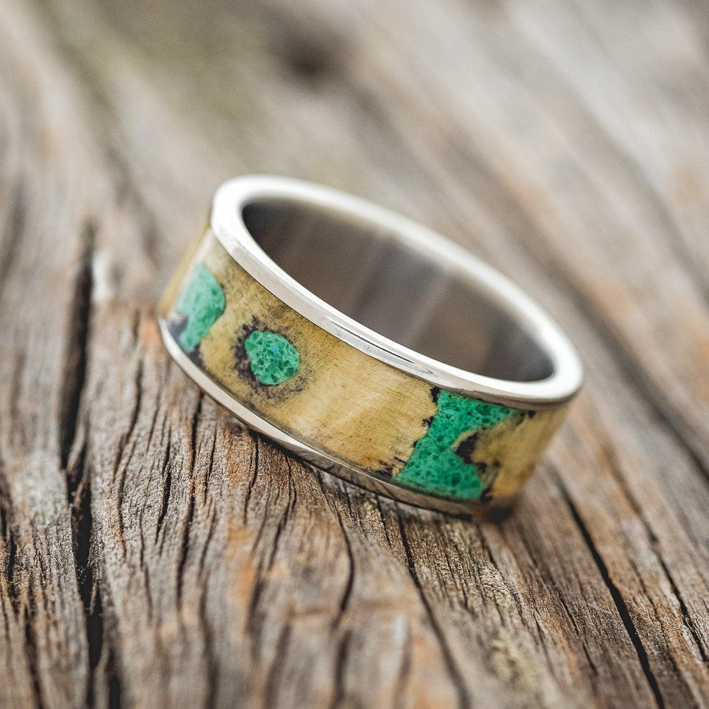 "RAINIER" - BUCKEYE BURL WOOD & MALACHITE WEDDING BAND-2