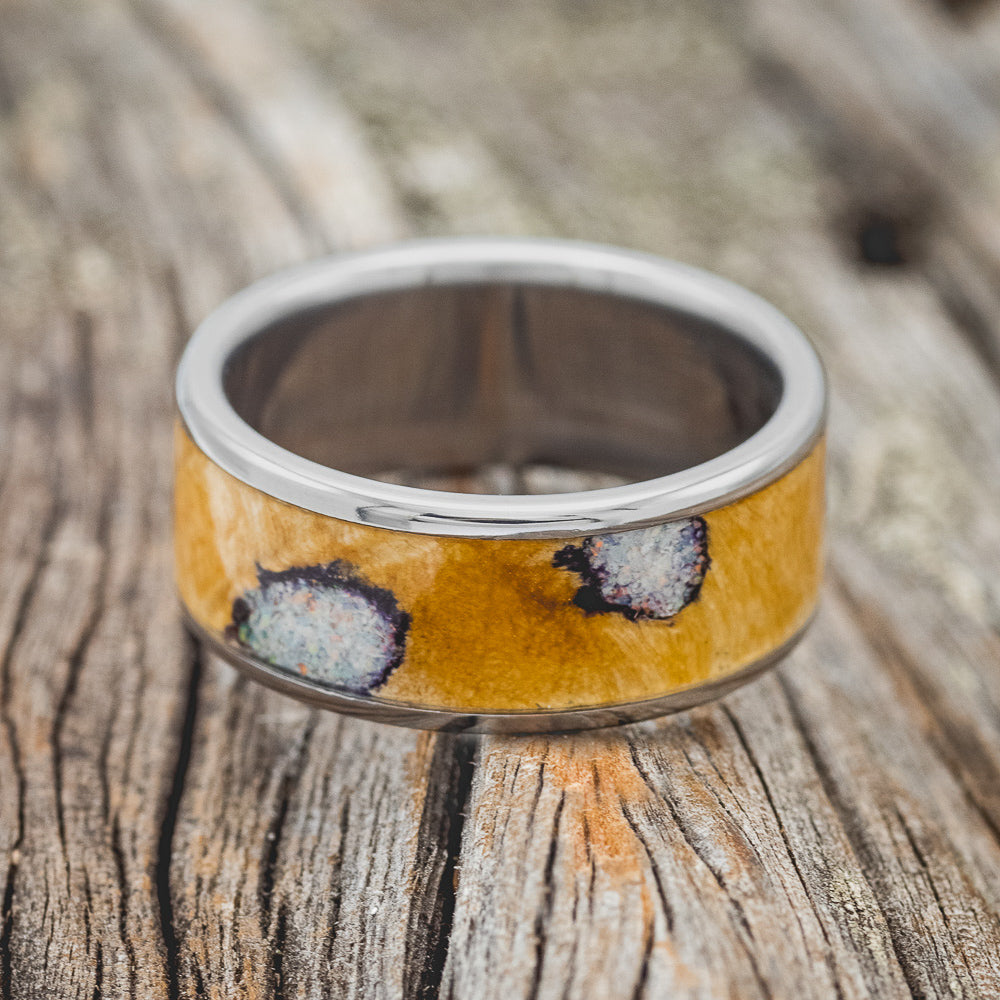 "RAINIER" - BUCKEYE BURL WOOD WITH FIRE & ICE OPAL WEDDING BAND-3