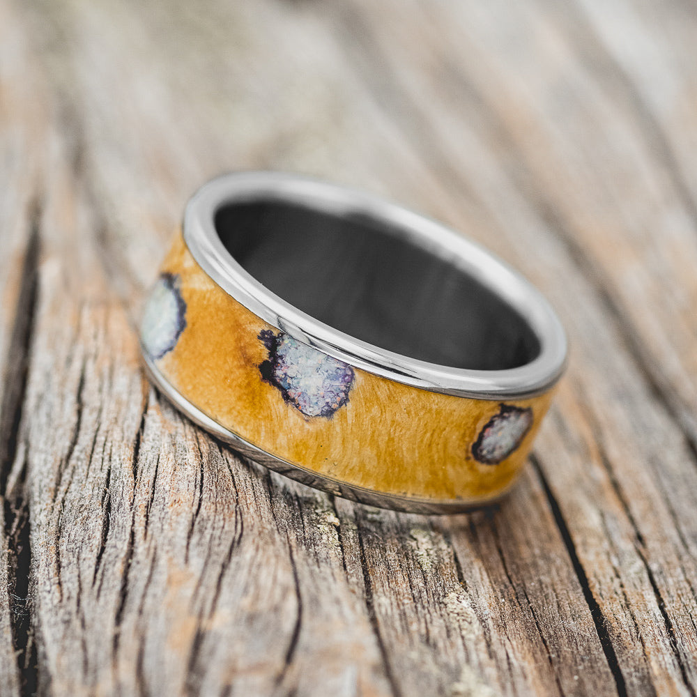 "RAINIER" - BUCKEYE BURL WOOD WITH FIRE & ICE OPAL WEDDING BAND-2