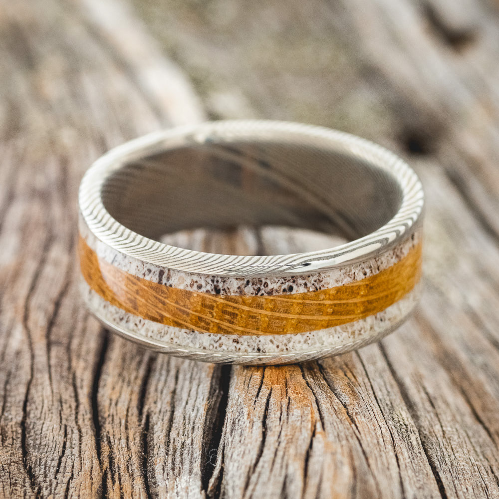 "RAINIER" - ANTLER & WHISKEY BARREL OAK WEDDING BAND - READY TO SHIP-3